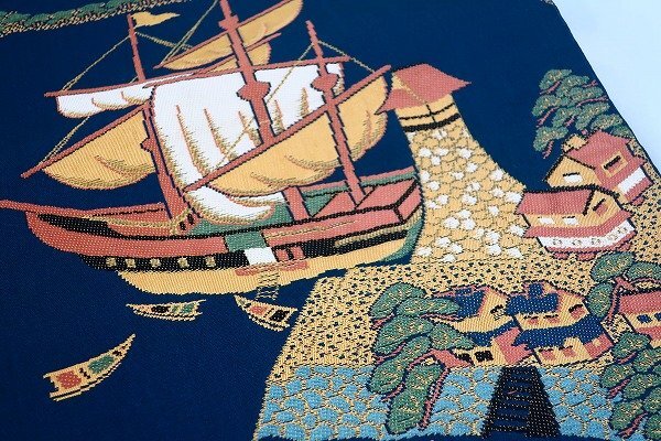 [ кимоно fi] не использовался товар античный двойной пояс obi парусное судно Edo времена пейзаж 4m05cm все через рисунок Taisho роман retro модный натуральный шелк 15936