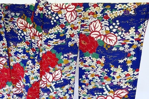 【着物フィ】アンティーク 小紋 カラフル 身丈155cm 青 ビビット 大正ロマン レトロ 仕立て上がり kimono 袷 15938_画像1