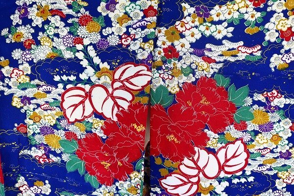【着物フィ】アンティーク 小紋 カラフル 身丈155cm 青 ビビット 大正ロマン レトロ 仕立て上がり kimono 袷 15938の画像5