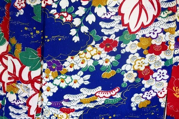 【着物フィ】アンティーク 小紋 カラフル 身丈155cm 青 ビビット 大正ロマン レトロ 仕立て上がり kimono 袷 15938の画像8