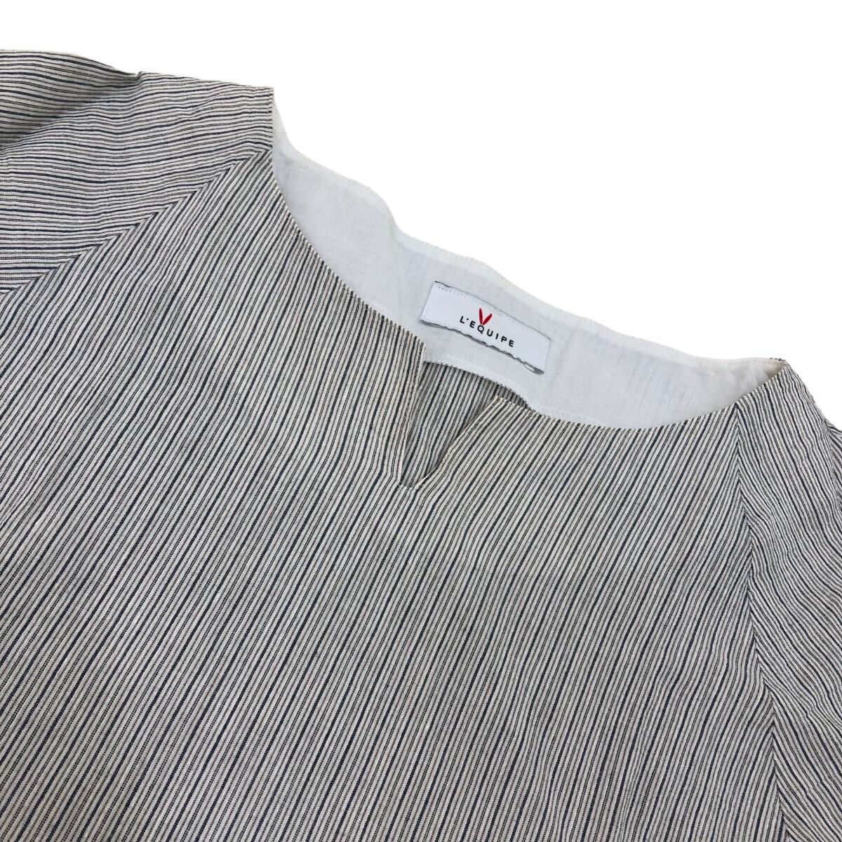 NS128① 日本製 L'EQUIPE レキップ 半袖Tシャツ トップス Tシャツ シャツ カットソー 綿混 麻混 レディース 38 ストライプ_画像2