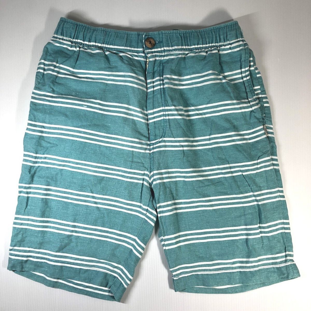 LONG BEACH SURF ショートパンツ メンズ L 短パンツ エメラルドグリーン 緑 ボーダー柄 やや美品 中古 送料185円_画像1