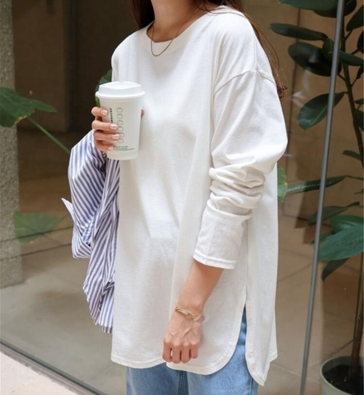  autumn new work on goods blouse shirt stylish simple easy plain tunic lady's long sleeve large size white 