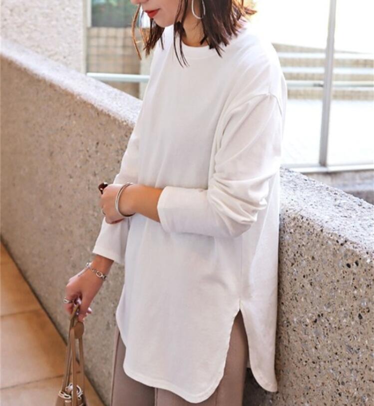  autumn new work on goods blouse shirt stylish simple easy plain tunic lady's long sleeve large size white 