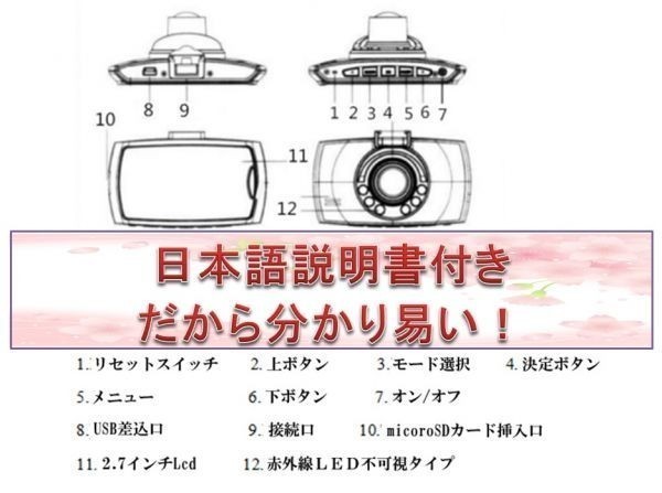 送料無料 ドライブレコーダー 強力夜間撮影 黒 赤外線LED6個搭載 動体検知 エンジン連動 日本語説明書つきの画像3