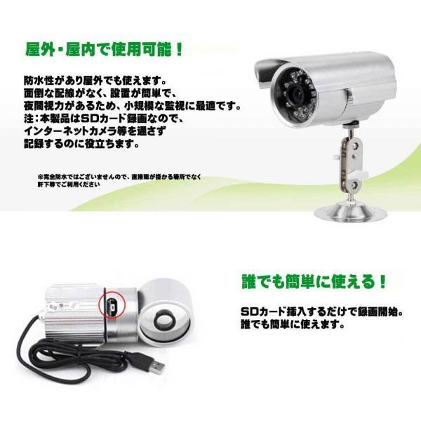  micro SD video recording security camera LED infra-red rays USB AC adaptor outdoors indoor combined use night vision video recording possibility 160 hour continuation video recording superscription video recording possibility 