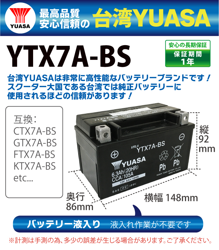 バイクバッテリー台湾製 ユアサ YUASA YTX7A-BS 液入充電済み (互換 CTX7A-BS GTX7A-BS )GSX400インパルス バンディット250V_画像2