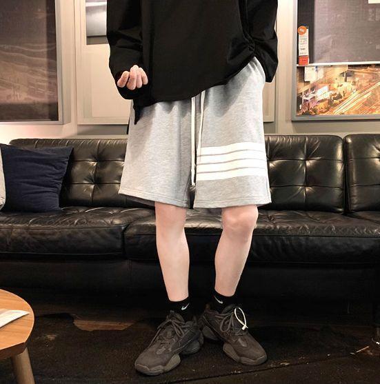 【送料無料】ラインパンツ 半ズボン ハーフパンツ 膝丈 グレー 韓国 ストリート系の画像1