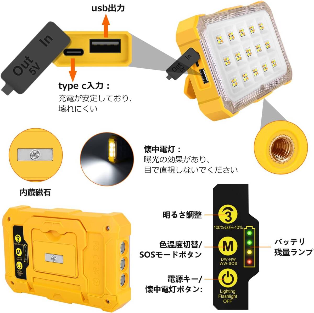 LED ランタン 投光器 作業灯 100w相当 3000LM 充電式 懐中電灯 アウトドア キャンプ 登山 夜釣り 防災 停電 緊急 地震対策 停電対応_画像6