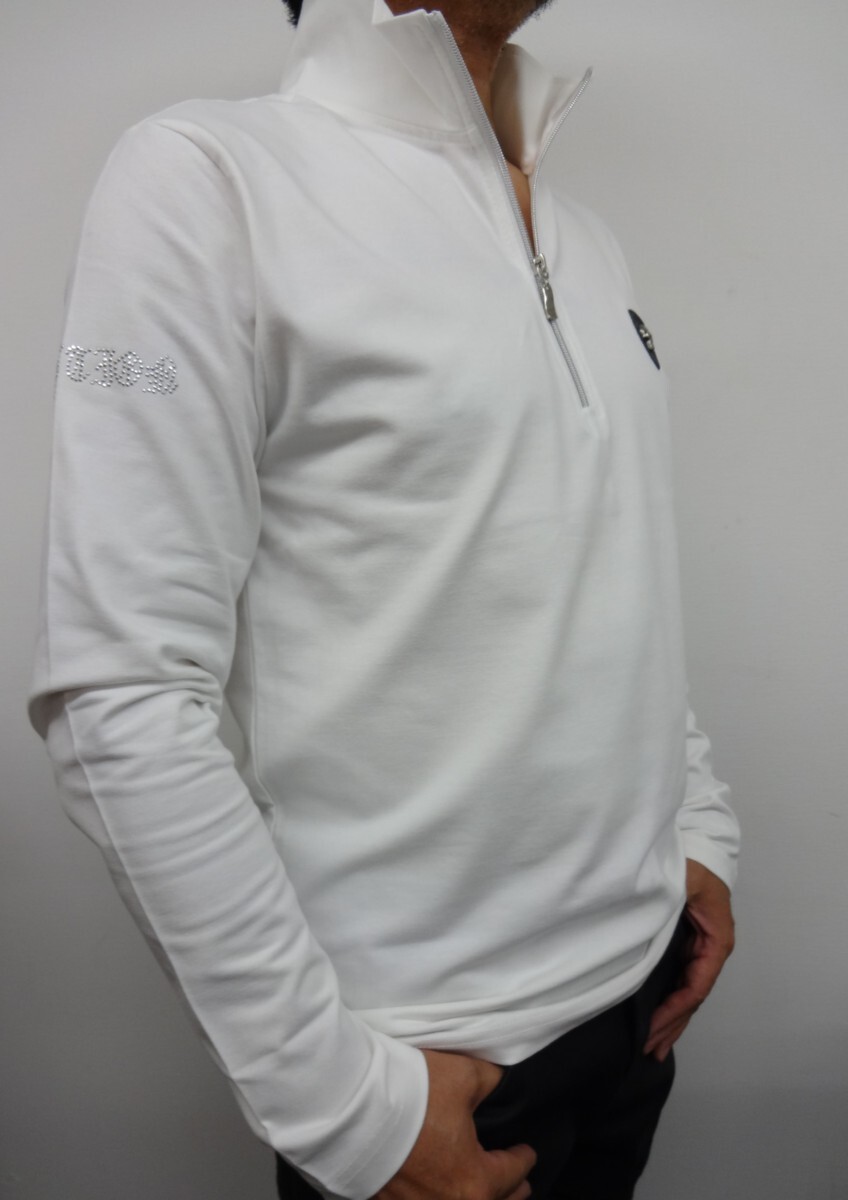 BeAmbition ビーアンビション A21202 XXL 白 スカル プリント&ストーン 長袖Zipポロシャツ WS 新品 送料無料 50%OFF_右袖にラインストーンのロゴ