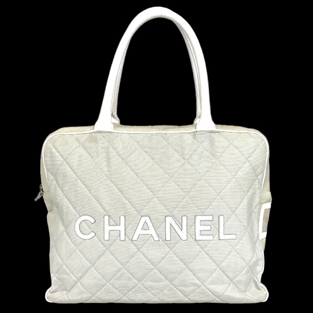 【1円～】シャネル CHANEL バッグ ハンドバッグ ミニボストン スポーツライン ６番台 キャンバス レザー ホワイト グリーン ロゴ 中古の画像1