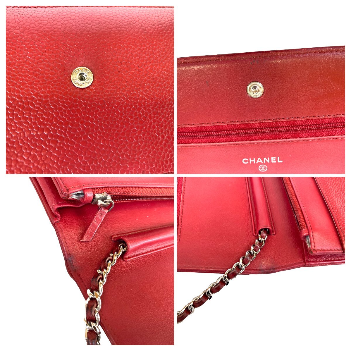 【1円～】シャネル CHANEL バッグ ショルダーバッグ チェーンウォレット デカココ キャビアスキン 財布 ゴールド金具 16番台 レッド 中古_画像9