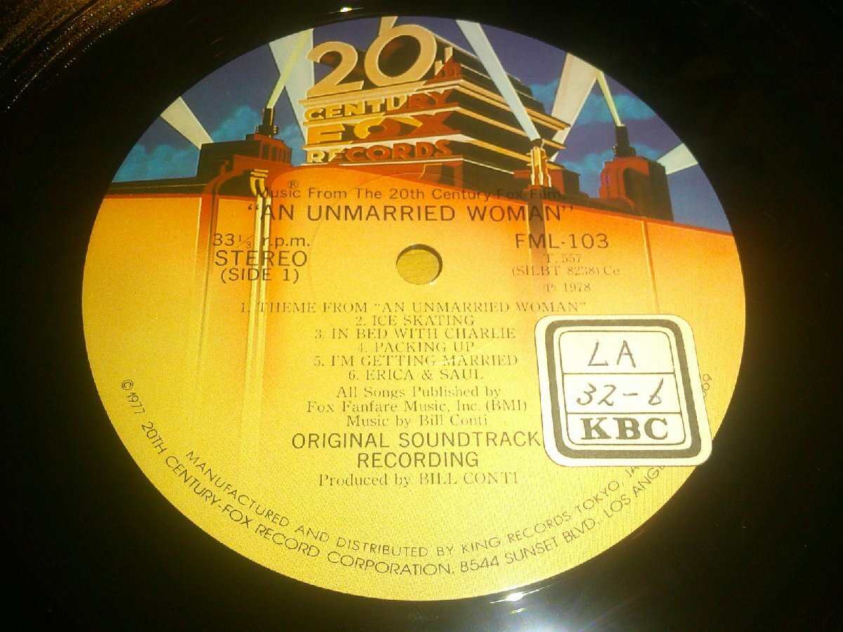 LP：AN UNMARRIED WOMAN 結婚しない女 オリジナル・サウンドトラック サントラ BILL CONTI ビル・コンティー_画像3