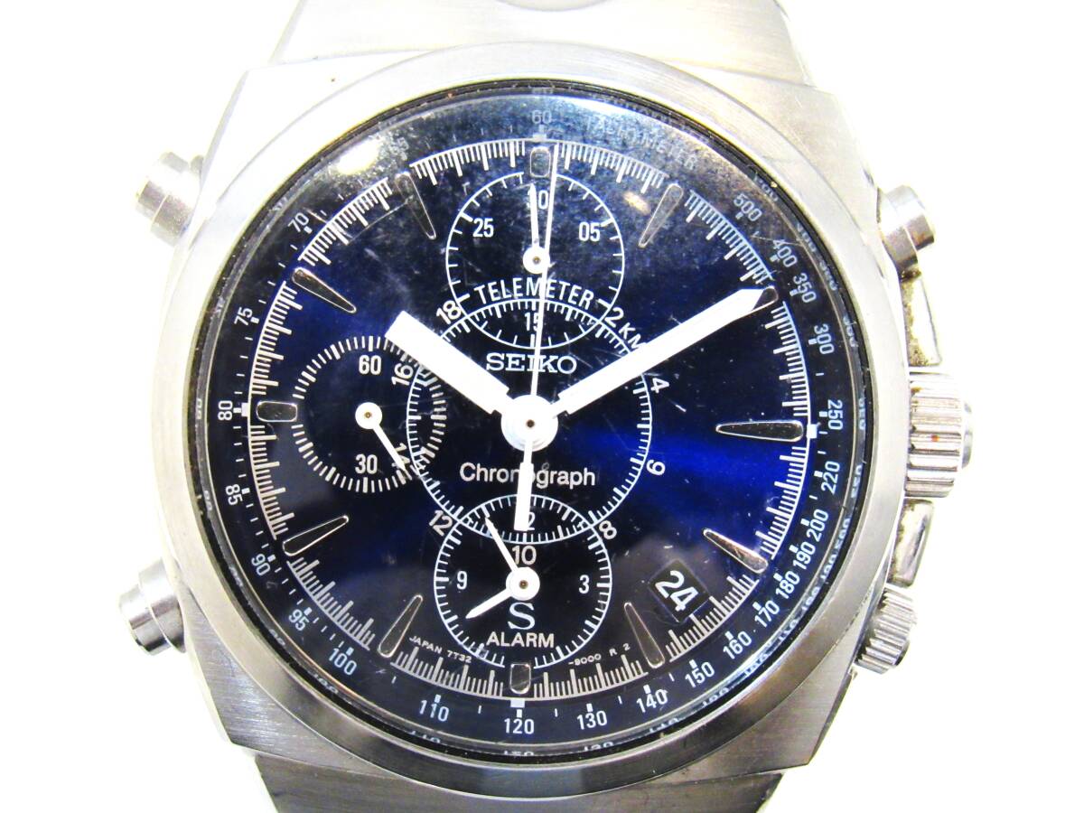 SEIKO セイコー クロノグラフ デイト 7T32-9000 クォーツ 腕時計 青文字盤 ベルト純正 不動品 ユーズド品 電池切れ kdKTの画像2