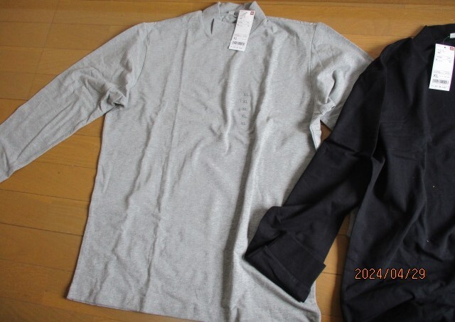 【新品】ユニクロ ストレッチ ハイネック 長袖 Tシャツ　XL　2色 ２枚セット グレー/ブラック_画像1