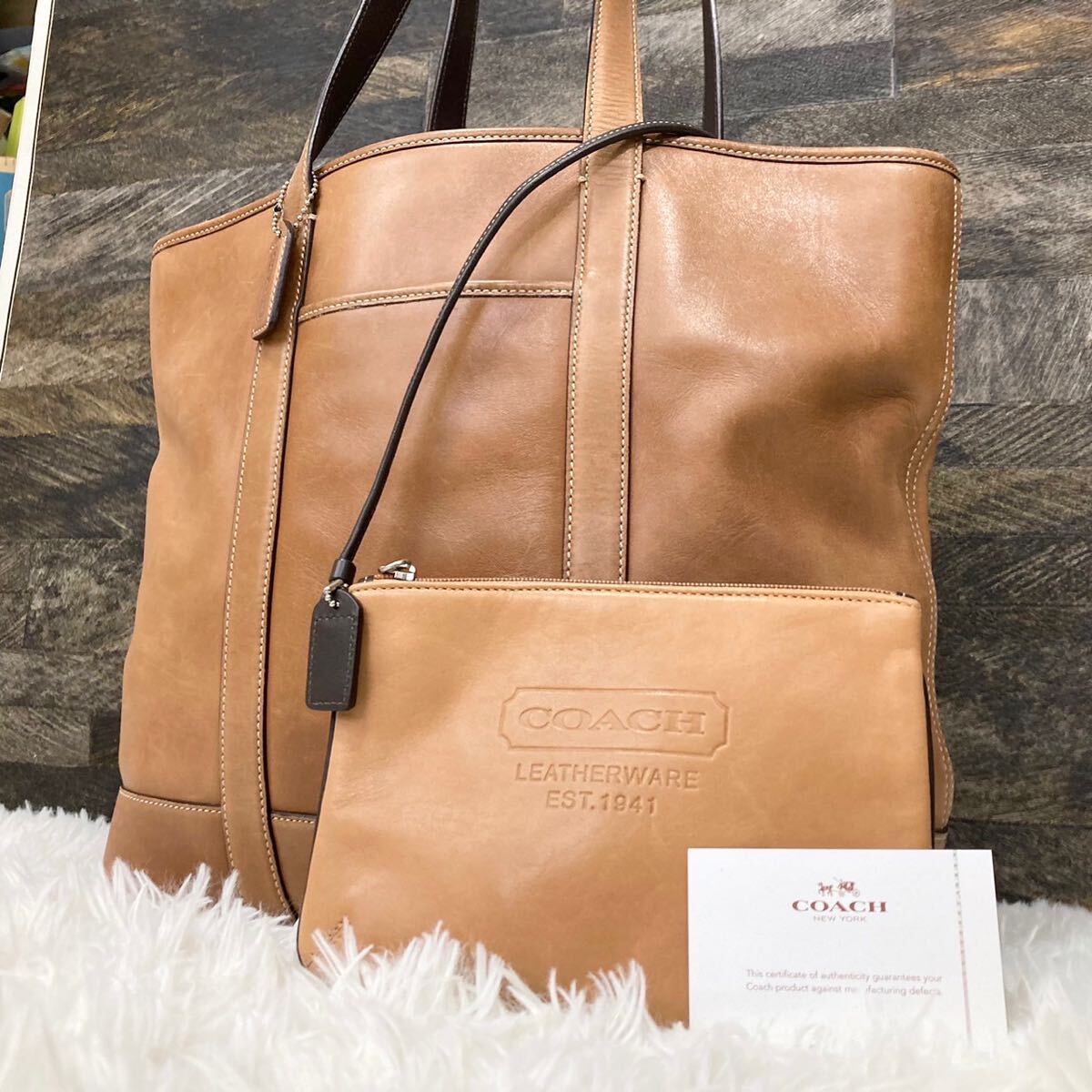 1円〜 COACH コーチ トートバッグ ビジネス ハンド ワンショルダー 肩掛け A4 レザー 本革 ロゴ型押し キャメル● メンズ 大容量の画像1