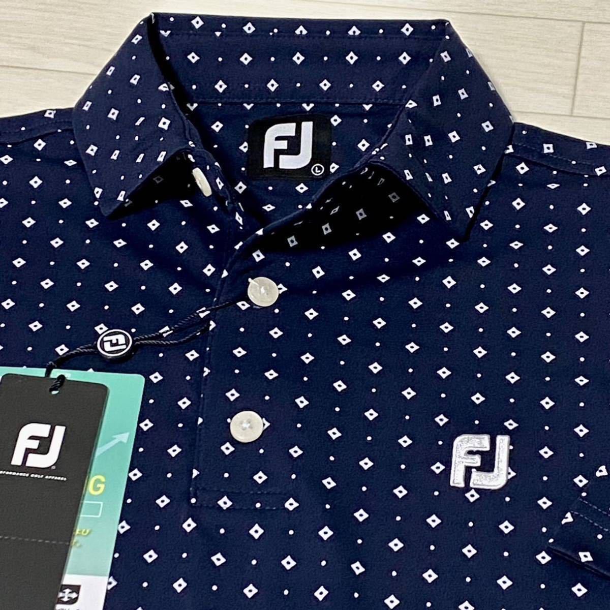 新品★FootJoy フットジョイ ダイヤ×ドット柄 吸汗速乾 4WAYストレッチ 半袖ポロシャツ★ネイビー★サイズL★送料185円の画像1