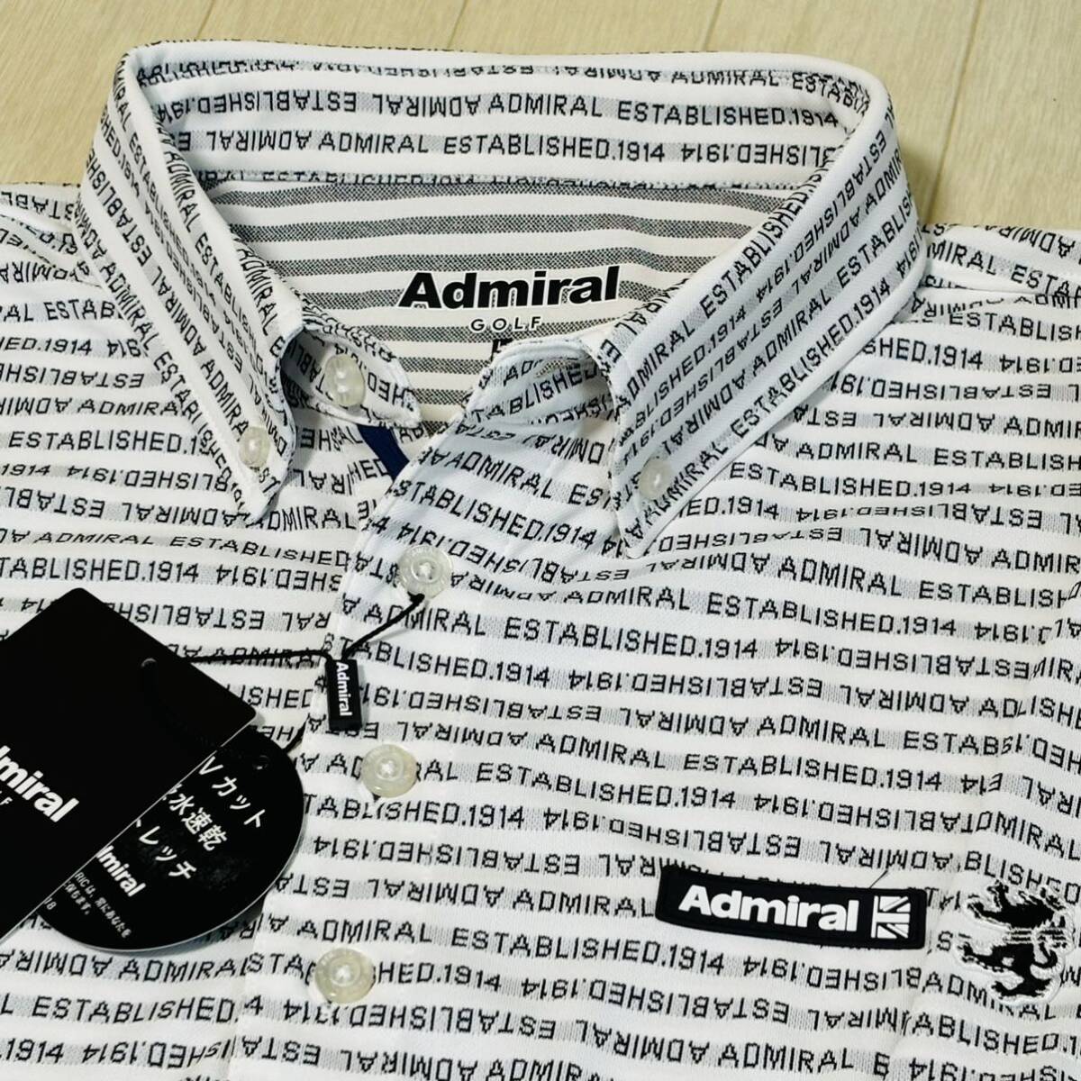 新品★アドミラル ゴルフ Admiral Golf 総柄ロゴボーダー 吸水速乾 半袖ボタンダウンシャツ★BLK★サイズL★送料185円