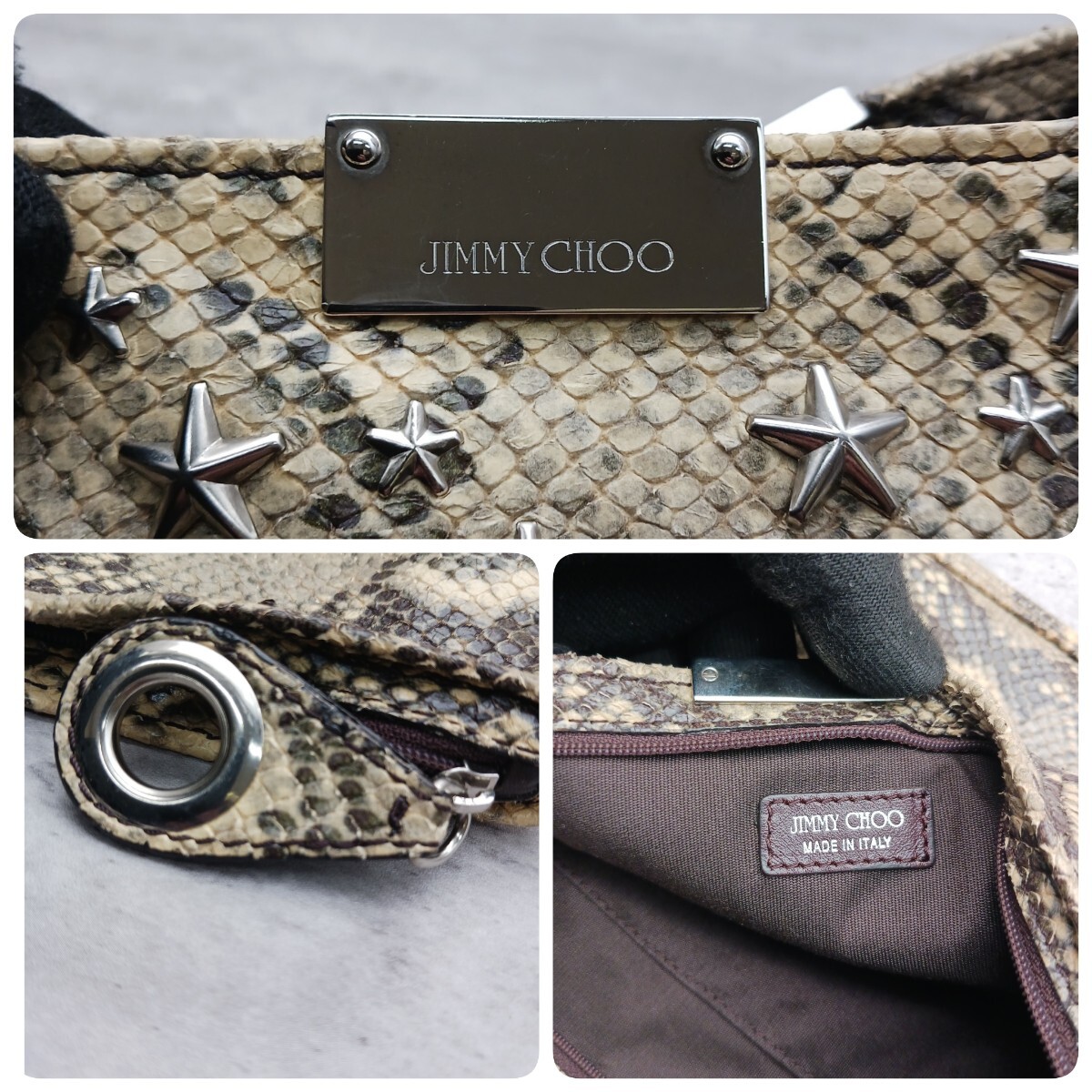  beautiful goods Jimmy Choo Jimmy Choo clutch bag pouch exotic python men's lady's silver metallic ru metal Logo rare rare 
