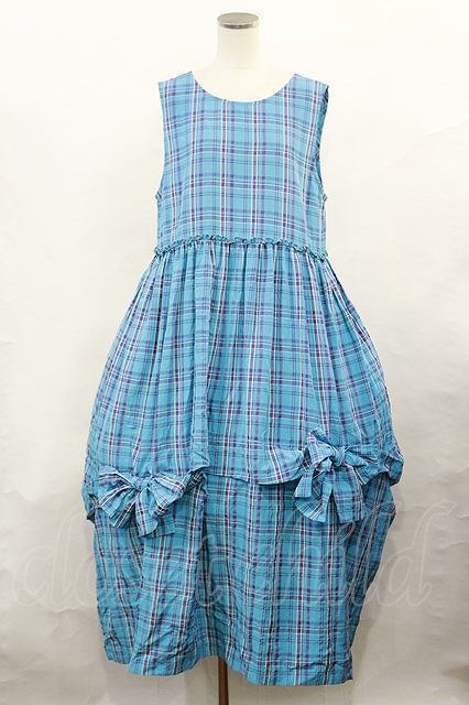 Jane Marple / French madras drape ribbons dress ブルー H-24-04-17-018-JM-OP-KB-ZH_画像1