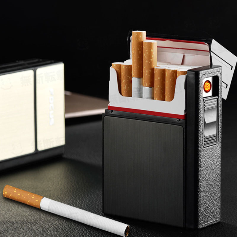 タバコケース シガレットケース 電子ライター USB充電式 電熱コイル 防水 アルミ ABS 煙草 BOX 20本 ボックス 収納 取付 ミラー ガンメタ