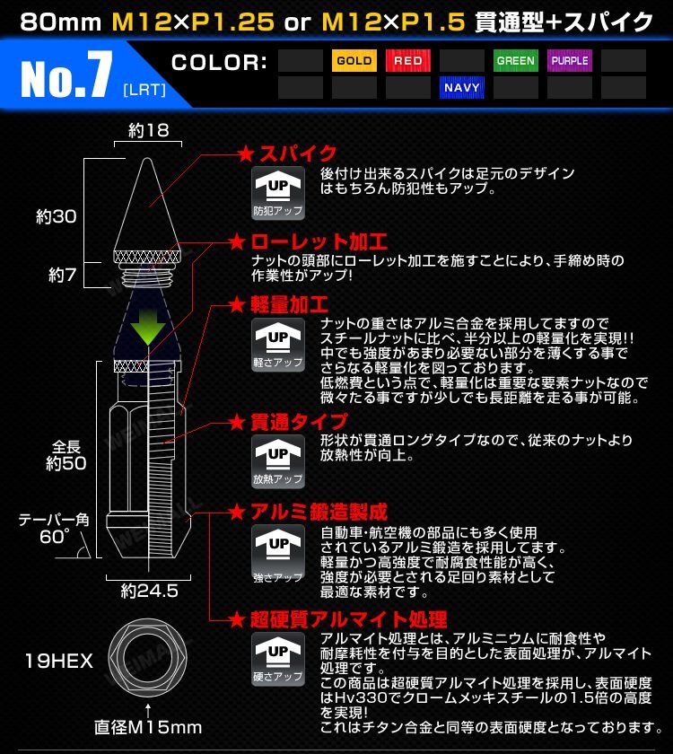 アルミ製ホイールナット M12xP1.5 貫通ロング50mm + スパイクナット30mm Durax 20個 トヨタ ホンダ 三菱 マツダ ダイハツ 赤 レッドの画像2