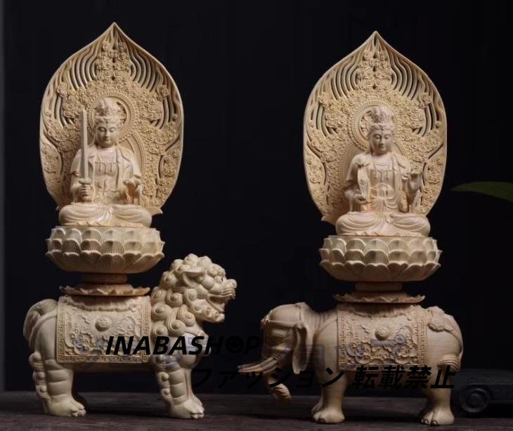 仏教美術 精密彫刻 仏像 手彫り 極上品 文殊菩薩座像　普賢菩薩座像　 高さ約36.5cm_画像2