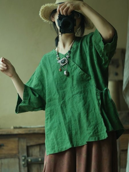 lgn 1701 袢纏 チュニック アンティーク風 洋服ミックス ロマンファッション ポップ 楽ちん 麻100％リネン グリーン系の画像1