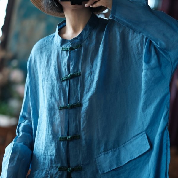 lgn 1435 ロングカーディガン アンティーク風 洋服ミックス ロマンファッション ポップ 楽ちん 個性豊か ブルー 麻 リネン 薄手_画像4