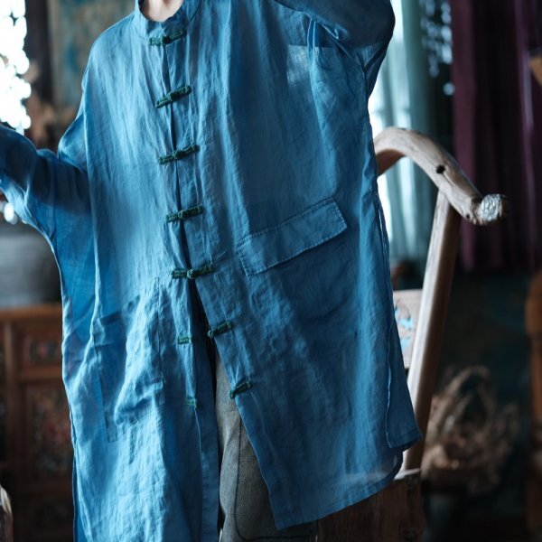 lgn 1435 ロングカーディガン アンティーク風 洋服ミックス ロマンファッション ポップ 楽ちん 個性豊か ブルー 麻 リネン 薄手_画像1