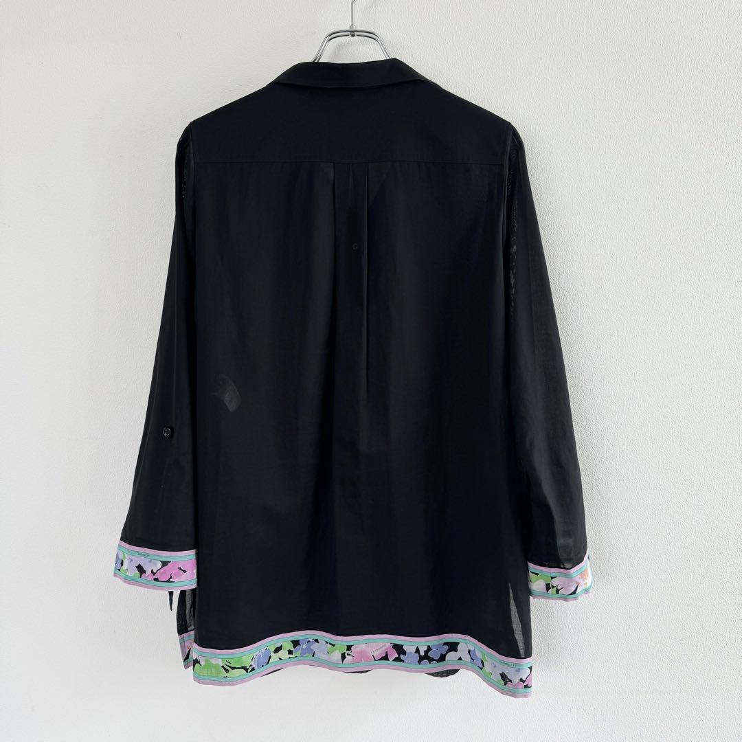 美品 高級 LEONARD FASHION レオナール ロングシャツ オープンカラー 花柄 ブラック 無地 長袖 コットン シースルー_画像5