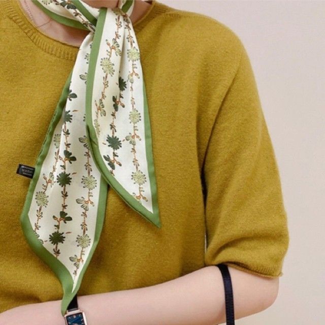 リボンスカーフ 秋色 花柄 グリーン シルク風高見え ヘアバンド バッグスカーフ