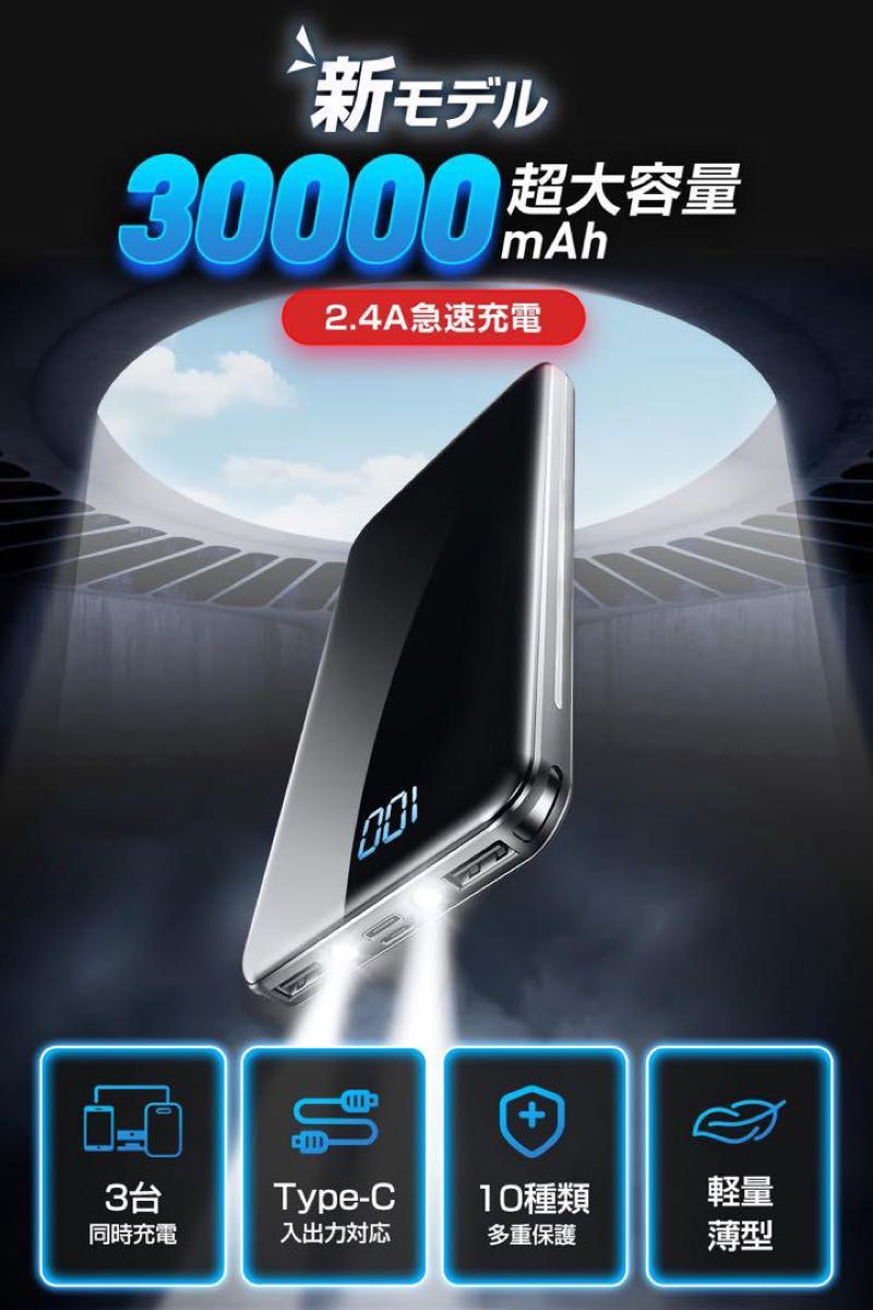 モバイルバッテリー 大容量 軽量 3台同時充電 最大2.4A出力 急速充電 30000mAh LED残量表示 Type-C入出力