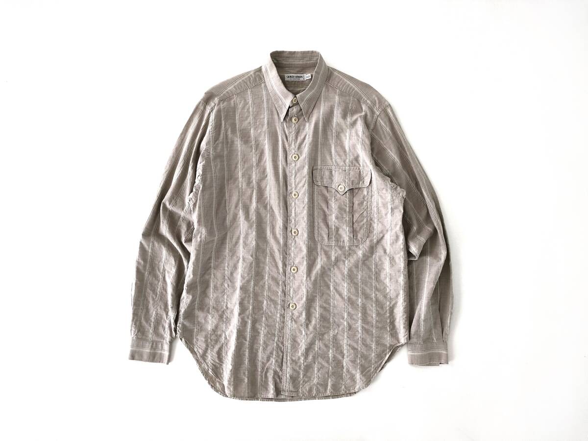 希少美品 90s Giorgio Armani ストライプシャツ アイボリー ベージュ ビッグボタン◎ イタリア製 White Archive Euro Vintage Linen 70s80s_画像1