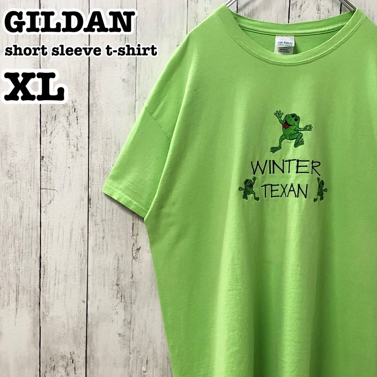 ギルダン US アメリカ古着 英字 カエル 刺繍 半袖Tシャツ XL