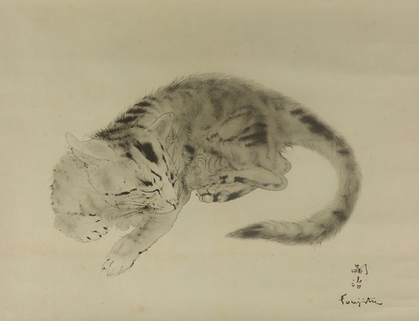 5278■【真作】藤田嗣治 猫 工芸印刷 洋画家 レオナール フジタ 掛軸の画像3