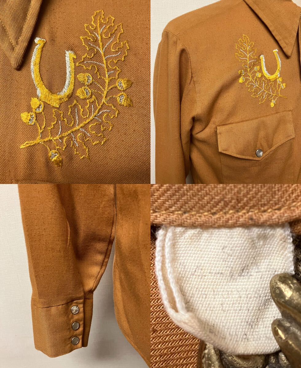 1970s ビンテージ ホースシュー 刺繍 ウエスタン シャツ メンズ S マスタード 馬蹄 ヴィンテージ xpv_画像4
