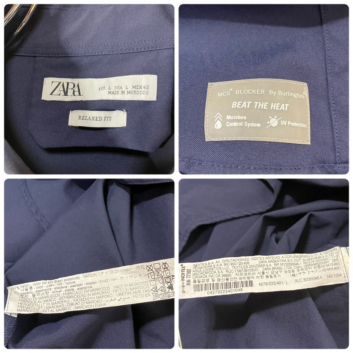 ZARA ザラ ワントーン スナップボタン ラウンドカット ストレッチ 七分袖 シャツ 古着 ネイビー Lの画像9