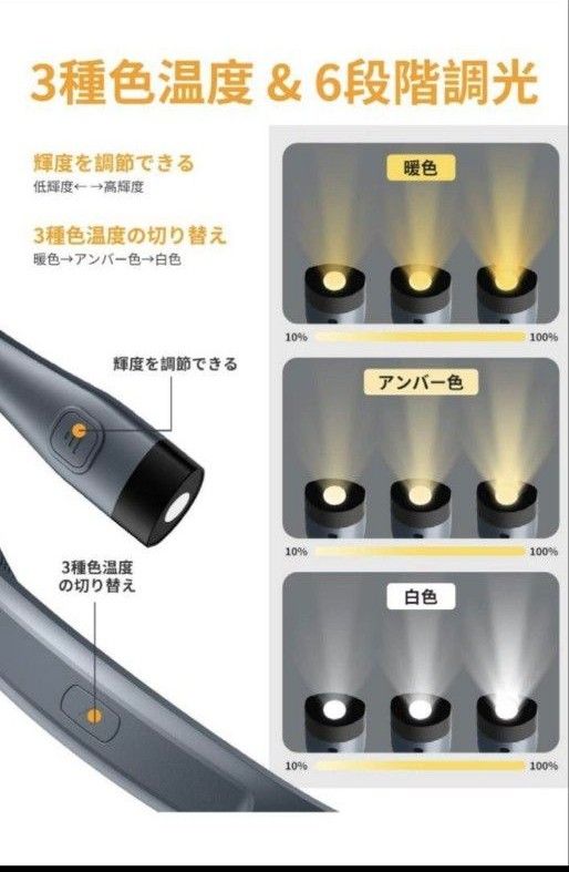 LEDネックライトブックライト LED読書灯 3種類色温度6段階調光 無段階調光