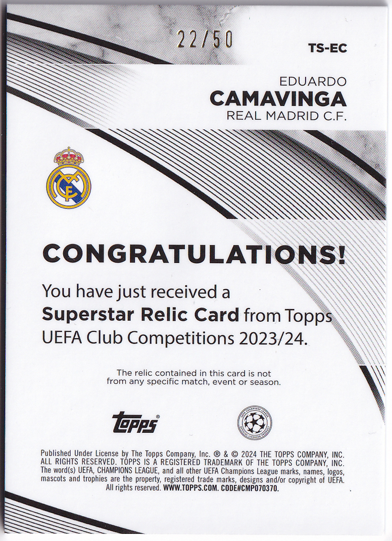 【カマヴィンガ/Eduardo Camavinga】2023-24 Topps UEFA Club Competitions Jersey ジャージ Gold /50の画像2