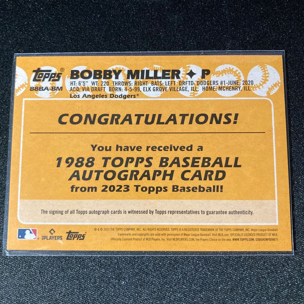 Bobby Miller 2023 Topps Update 1988 Topps Baseball Autoの画像2