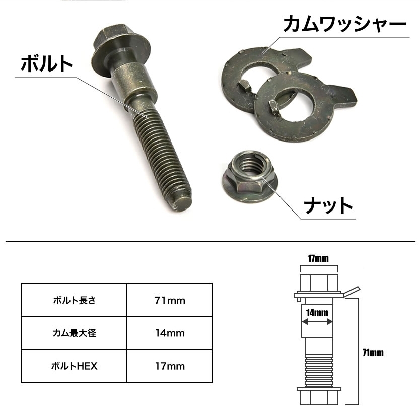 キャンバーボルト 14mm 2本 キャンバー調整 ±1.75度 M14 NCP/NLP50系 プロボックスワゴン/バン_画像3