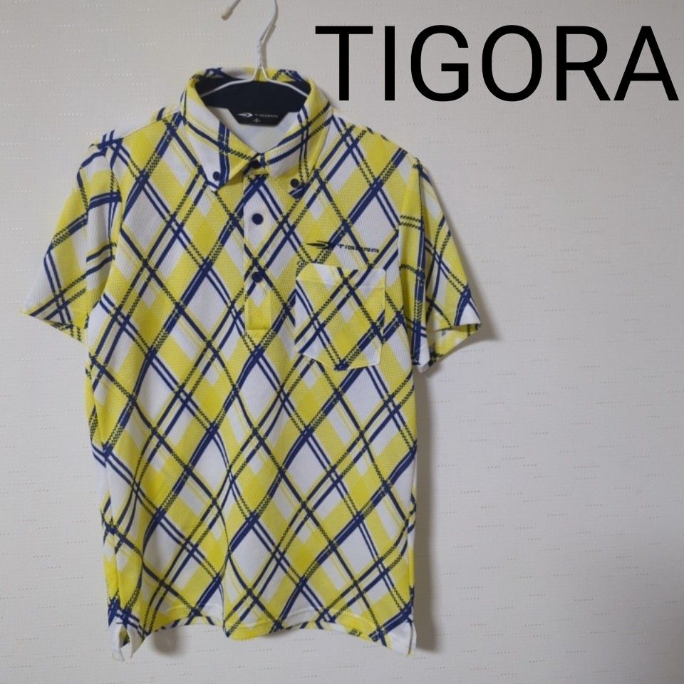 TIGORA　ティゴラ　メンズ　 ゴルフウェア　 半袖ポロシャツ　爽やか　白　チェック柄　小さめ　Ｓサイズ