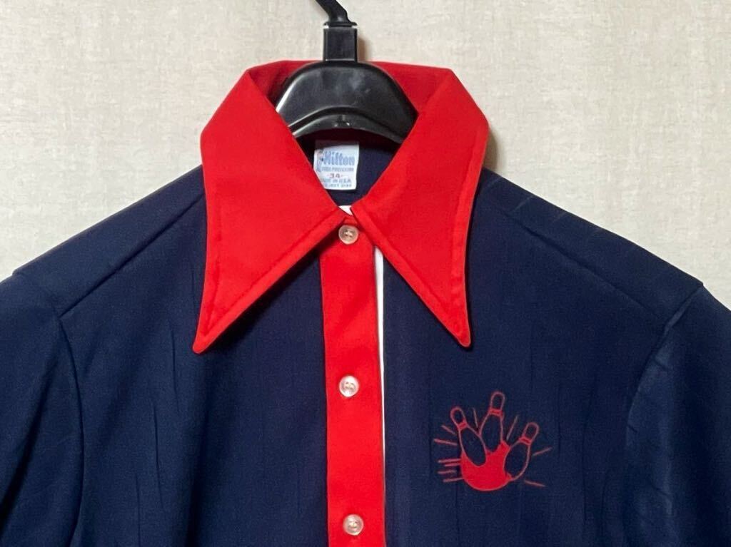 【美品】USA製 70s Hilton ヒルトン ボーリングシャツ ヴィンテージ ビンテージ レディース34 ネイビー×レッド_画像4