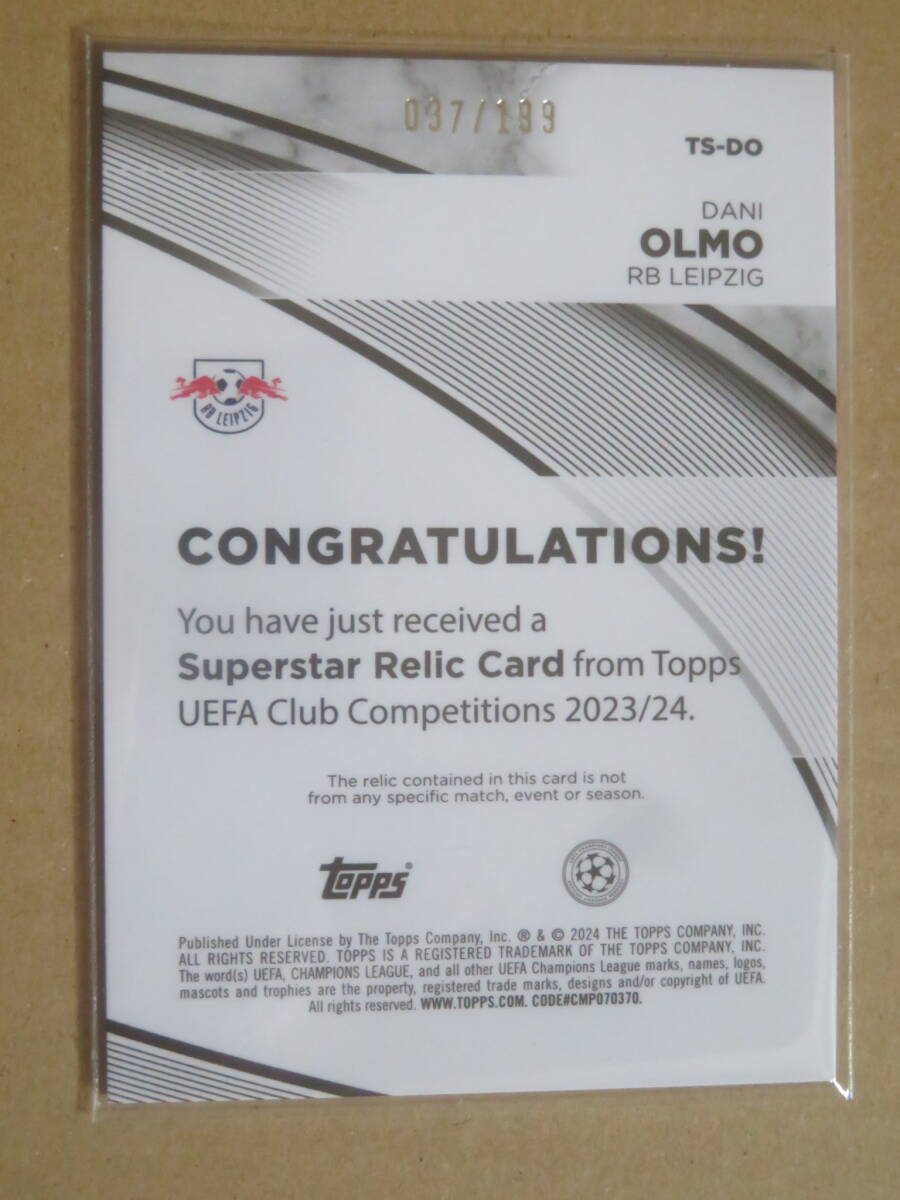 2023-24 TOPPS UEFA CLUB COMPETITIONS SUPERSTAR RELIC CARD DANI OLMO GREEN 097/199 ジャージの画像2