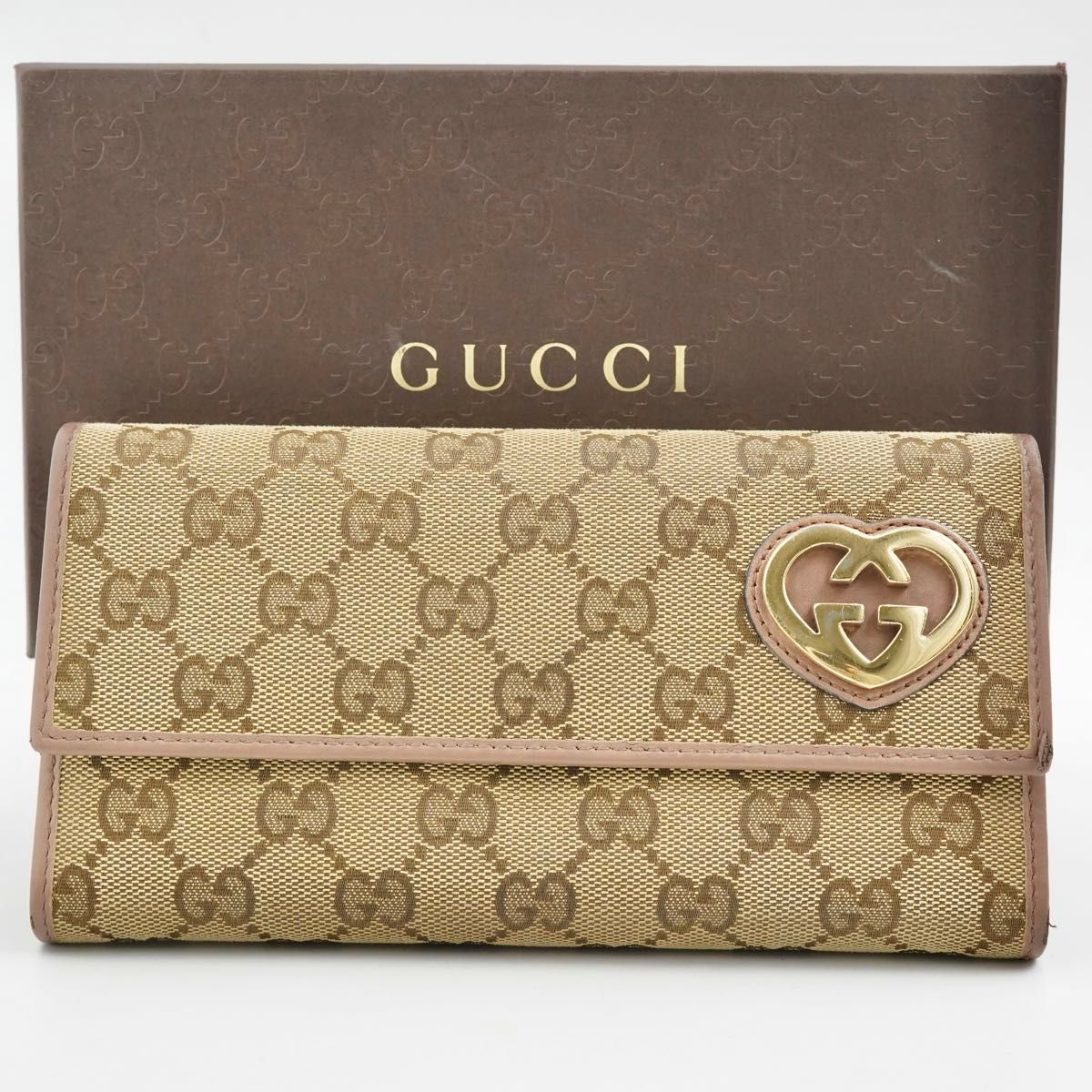 【美品】GUCCI　キャンバス　ラブリーハート　ブラウン×ピンク　長財布 GG柄