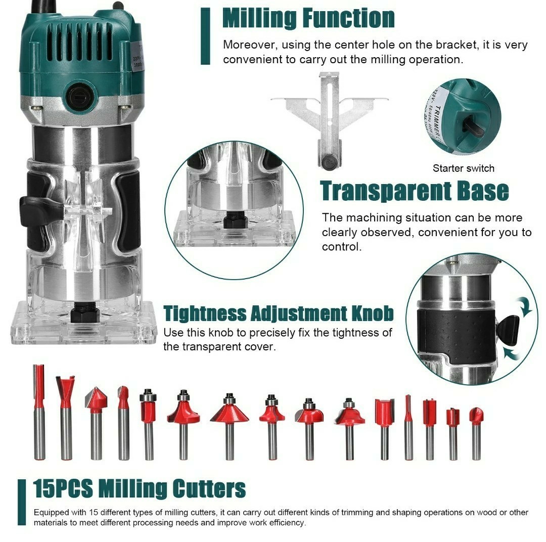 電動トリマー 木工用透明ベーストリミング溝切りアルミシェル 木材の面取りや溝切り用 30000rpm高速回転 650-800Wビット15本付き 送料無料の画像2