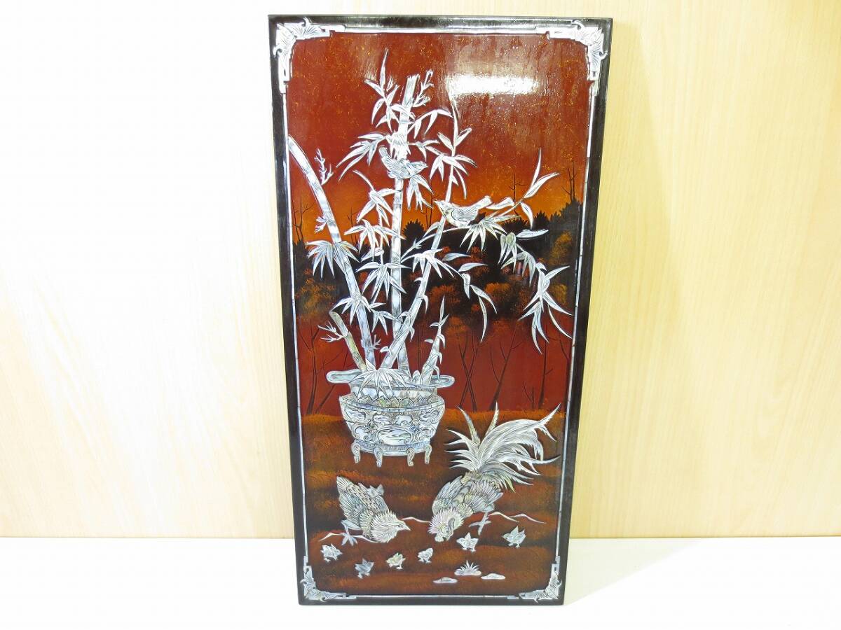 H458 中国古玩 螺鈿細工 花鳥図 掛け額 扁額 漆器 壁掛けの画像1