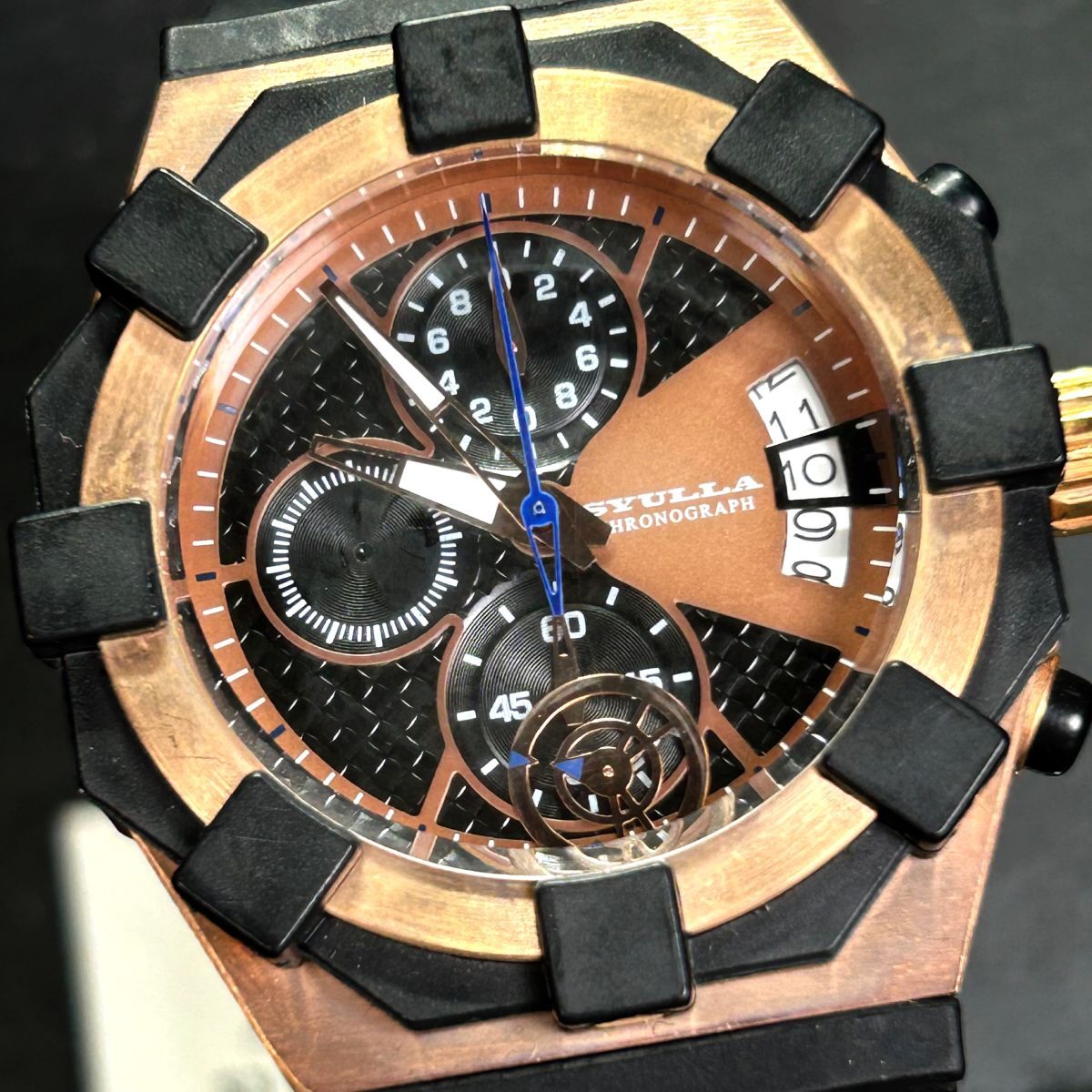 SYULLA シュラ メンズ 腕時計 S3103-PGBR クオーツ アナログ クロノグラフ ラバーバンド カレンダー ステンレススチール イタリア ビジネスの画像1