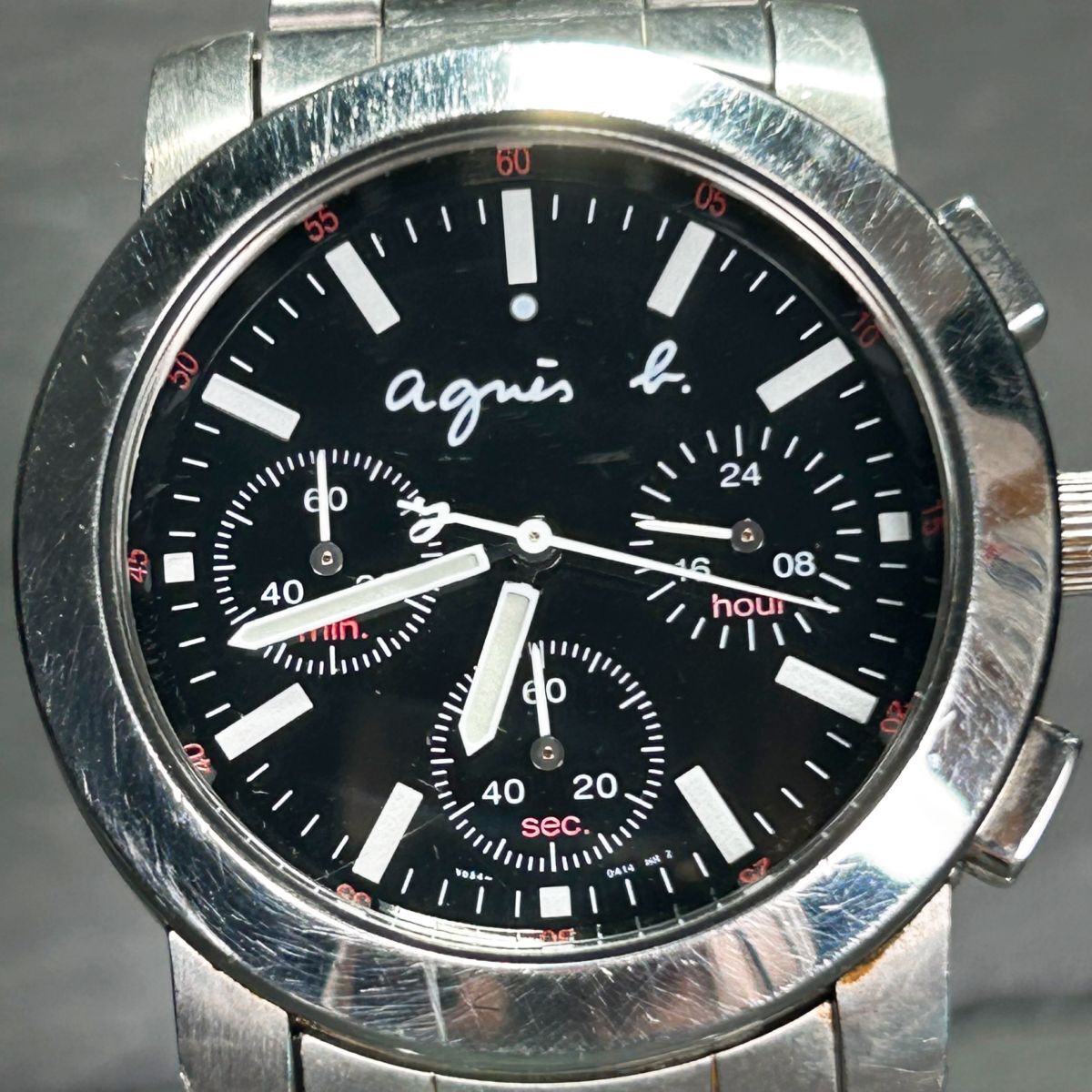 agnes b. アニエスベー V654-0A10 腕時計 クオーツ アナログ クロノグラフ ブラック文字盤 ステンレススチール シルバー 動作確認済み_画像3